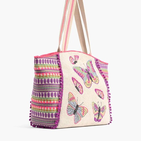 America & Beyond Rosebloom Butterfly Beaded Zip Tote Bag Handbag Pink Cream NEW - Picture 4 of 9